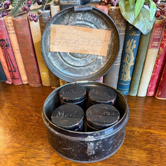 Primitive Antique 1800s Round Spice Tin with 4 Canisters - Picture 15 of 17